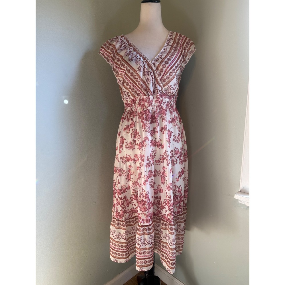 Lapis Pink Floral Smocked Waist Midi Dress Mauve Cream M NEW boho cottage feativ